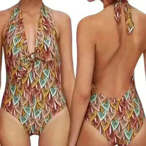 Zara Multicolor Halter One-Piece Swimsuit (Teal, Pink, Gold, Brown)